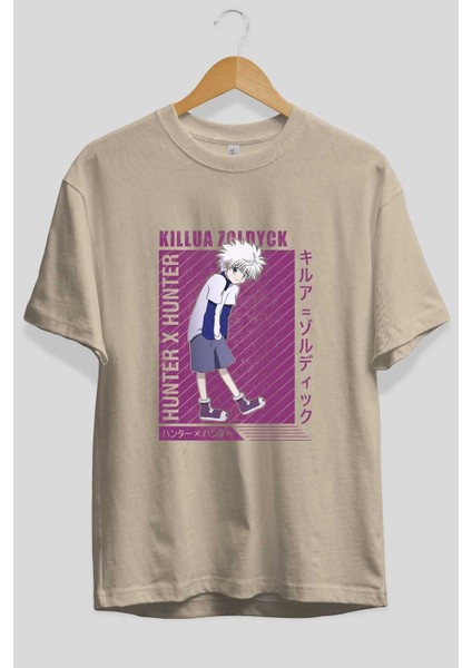 Killua Zoldyck 3 1 Anime Ön Baskılı Bej Oversize T-Shirt Erkek Kadın fiyatları