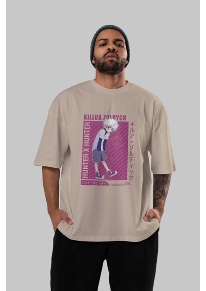 Killua Zoldyck 3 1 Anime Ön Baskılı Bej Oversize T-Shirt Erkek Kadın fırsatları