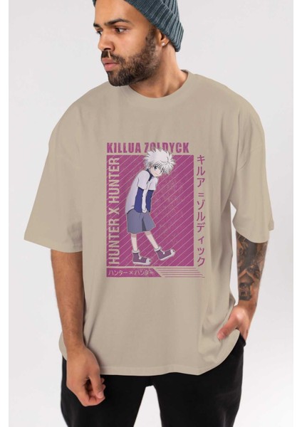 Killua Zoldyck 3 1 Anime Ön Baskılı Bej Oversize T-Shirt Erkek Kadın indirimleri