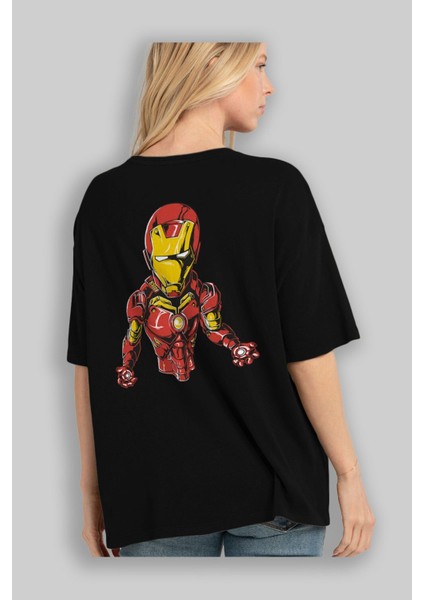 Iron Man Arka Baskılı Siyah Oversize T-Shirt Bisiklet Yaka Pamuk Erkek Kadın
