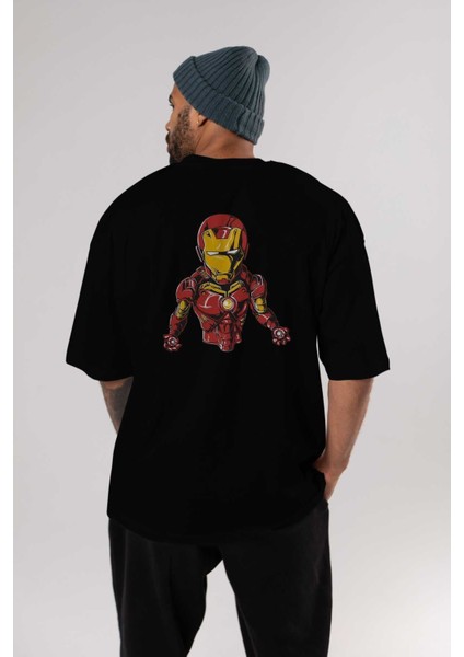Iron Man Arka Baskılı Siyah Oversize T-Shirt Bisiklet Yaka Pamuk Erkek Kadın