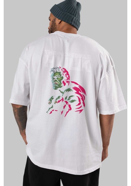 Hulk (10) Arka Baskılı Beyaz Oversize T-Shirt Bisiklet Yaka Pamuk Erkek Kadın indirimleri