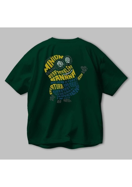 Minion Arka Baskılı Zümrüt Yeşili Oversize T-Shirt Unisex Erkek Kadın Bisiklet Yaka modelleri