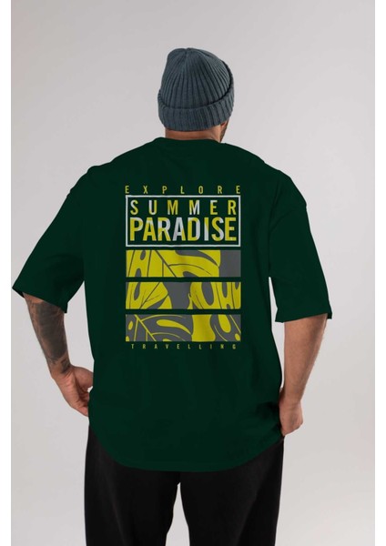Summer Paradise Arka Baskılı Zümrüt Yeşili Oversize T-Shirt Erkek Kadın Bisiklet Yaka