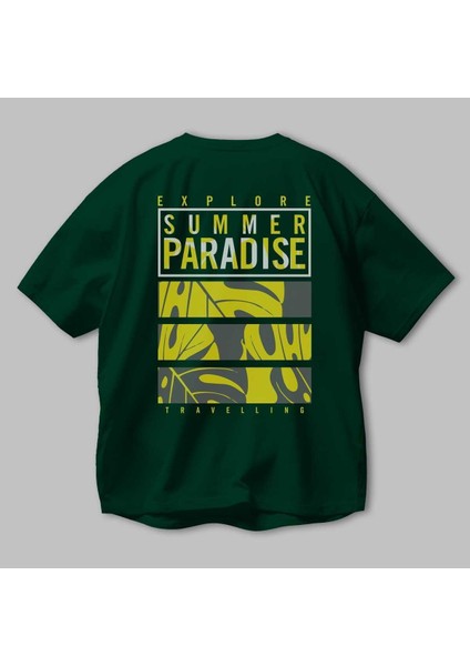 Summer Paradise Arka Baskılı Zümrüt Yeşili Oversize T-Shirt Erkek Kadın Bisiklet Yaka modelleri