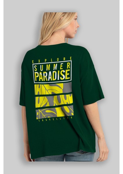 Summer Paradise Arka Baskılı Zümrüt Yeşili Oversize T-Shirt Erkek Kadın Bisiklet Yaka fırsatları