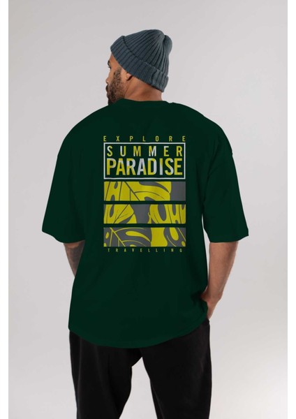 Summer Paradise Arka Baskılı Zümrüt Yeşili Oversize T-Shirt Erkek Kadın Bisiklet Yaka indirimleri