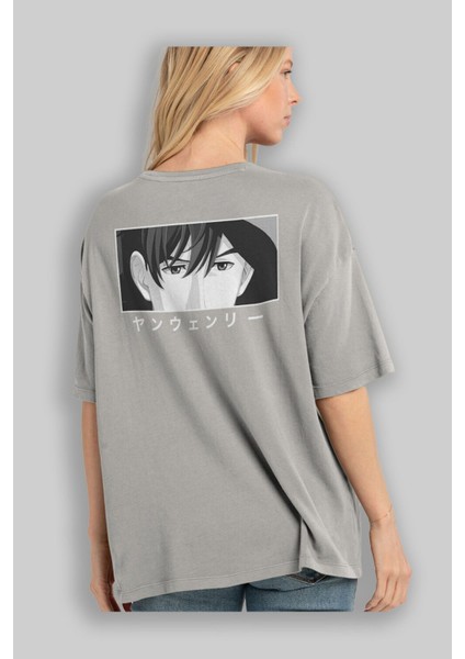 Wen-Li Yang 1 Anime Arka Baskılı Gri Oversize T-Shirt %100 Pamuk Erkek Kadın modelleri