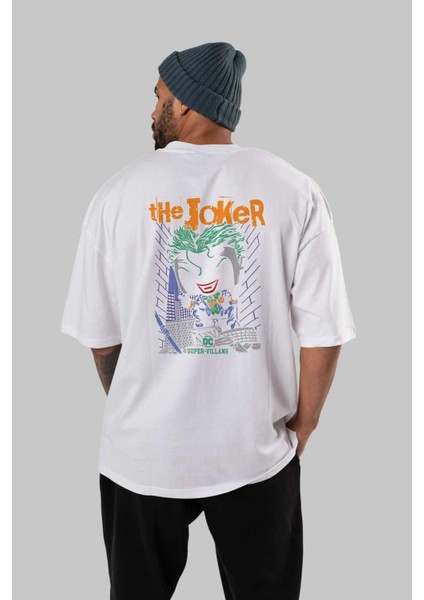 Joker (6) Arka Baskılı Beyaz Oversize T-Shirt Bisiklet Yaka Pamuk Erkek Kadın fırsatları