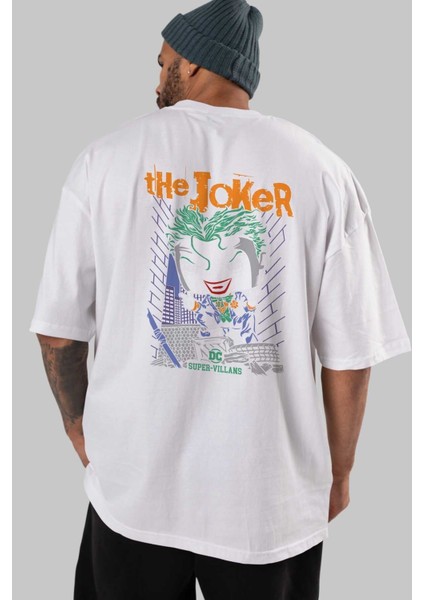 Joker (6) Arka Baskılı Beyaz Oversize T-Shirt Bisiklet Yaka Pamuk Erkek Kadın indirimleri