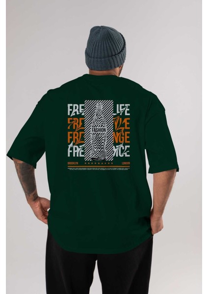 Freedom Life Arka Baskılı Zümrüt Yeşili Oversize T-Shirt Unisex Erkek Kadın Bisiklet Yaka
