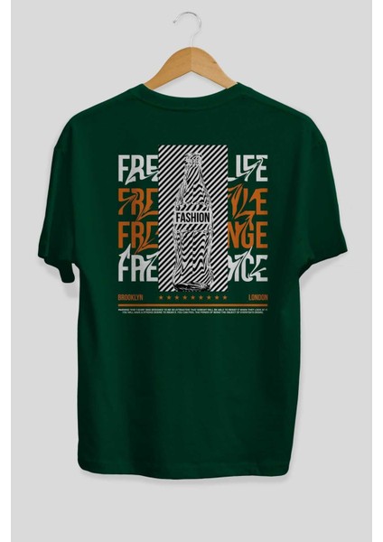 Freedom Life Arka Baskılı Zümrüt Yeşili Oversize T-Shirt Unisex Erkek Kadın Bisiklet Yaka fiyatları