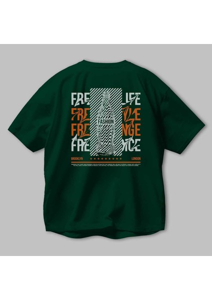 Freedom Life Arka Baskılı Zümrüt Yeşili Oversize T-Shirt Unisex Erkek Kadın Bisiklet Yaka modelleri