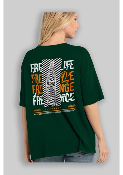 Freedom Life Arka Baskılı Zümrüt Yeşili Oversize T-Shirt Unisex Erkek Kadın Bisiklet Yaka fırsatları
