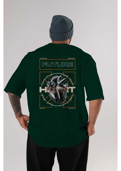Future Heart Arka Baskılı Zümrüt Yeşili Oversize T-Shirt Unisex Erkek Kadın Bisiklet Yaka