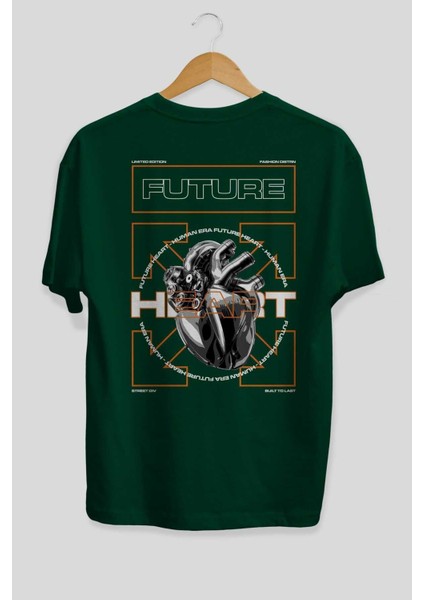 Future Heart Arka Baskılı Zümrüt Yeşili Oversize T-Shirt Unisex Erkek Kadın Bisiklet Yaka