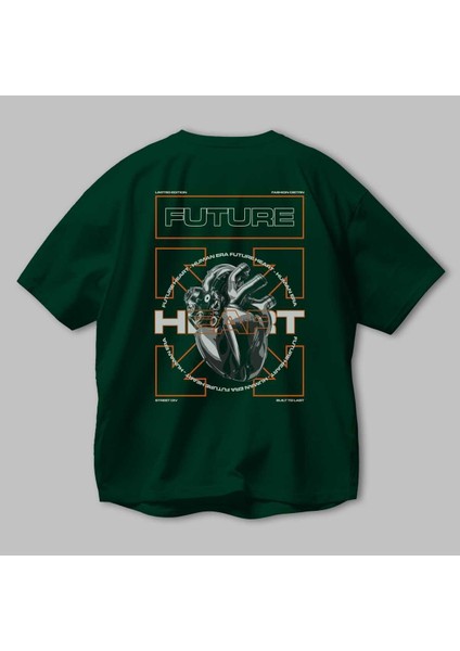 Future Heart Arka Baskılı Zümrüt Yeşili Oversize T-Shirt Unisex Erkek Kadın Bisiklet Yaka