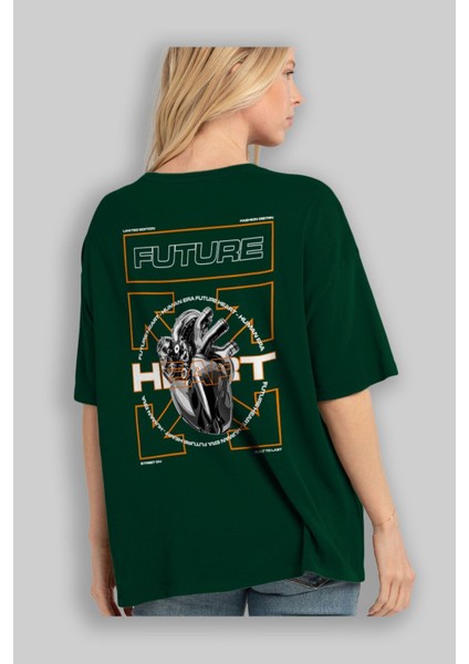 Future Heart Arka Baskılı Zümrüt Yeşili Oversize T-Shirt Unisex Erkek Kadın Bisiklet Yaka