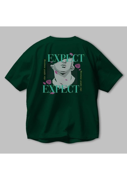 Expect Arka Baskılı Zümrüt Yeşili Oversize T-Shirt Unisex Erkek Kadın Bisiklet Yaka modelleri