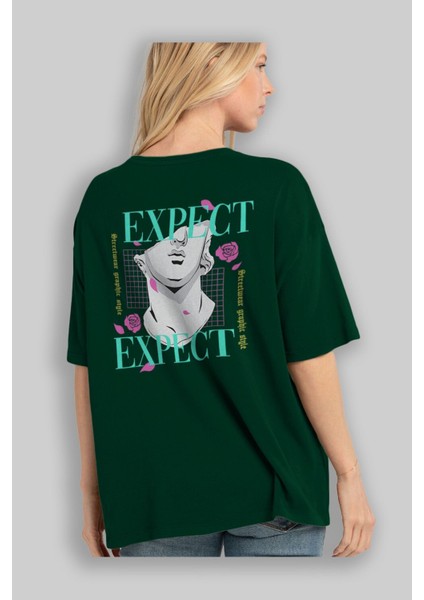 Expect Arka Baskılı Zümrüt Yeşili Oversize T-Shirt Unisex Erkek Kadın Bisiklet Yaka fırsatları