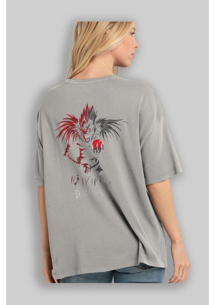 Death Note Ryuk Anime Arka Baskılı Gri Oversize T-Shirt %100 Pamuk Erkek Kadın modelleri