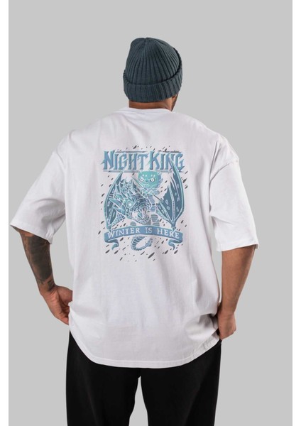 Game Of Thrones Gece Kralı Arka Baskılı Beyaz Oversize T-Shirt Bisiklet Yaka Pamuk Erkek Kadın
