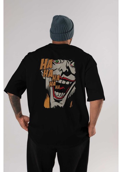 Joker (7) Arka Baskılı Siyah Oversize T-Shirt Bisiklet Yaka Pamuk Erkek Kadın