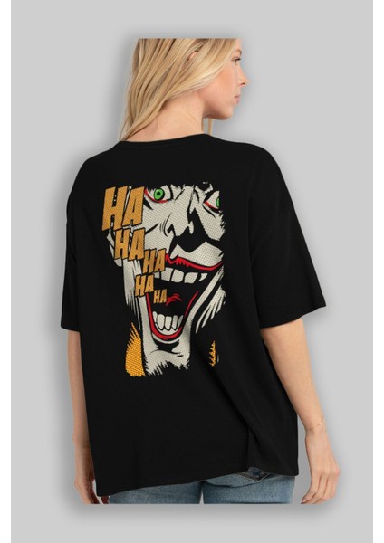 Joker (7) Arka Baskılı Siyah Oversize T-Shirt Bisiklet Yaka Pamuk Erkek Kadın fırsatları
