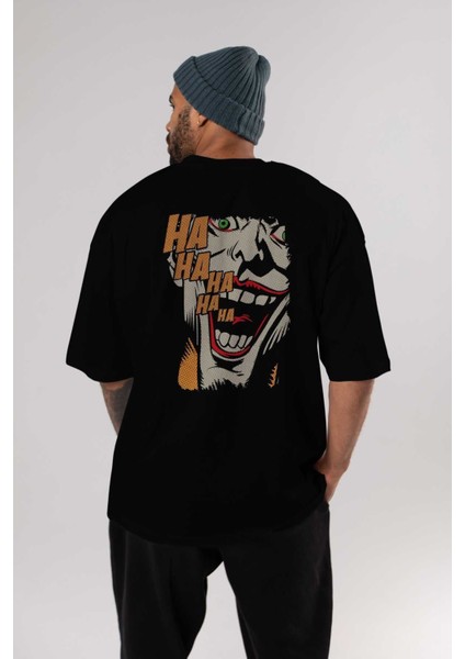 Joker (7) Arka Baskılı Siyah Oversize T-Shirt Bisiklet Yaka Pamuk Erkek Kadın indirimleri