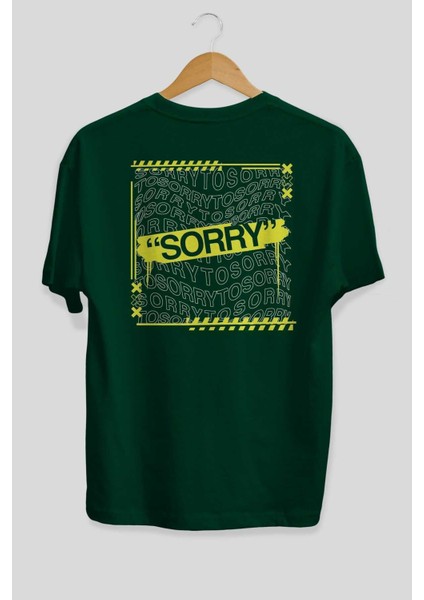 Sorry To Sorry Arka Baskılı Zümrüt Yeşili Oversize T-Shirt Erkek Kadın Bisiklet Yaka fiyatları