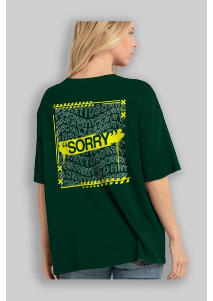 Sorry To Sorry Arka Baskılı Zümrüt Yeşili Oversize T-Shirt Erkek Kadın Bisiklet Yaka fırsatları
