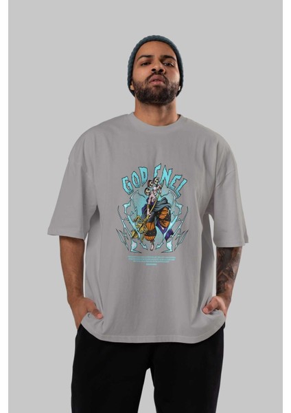 Eneru Anime Ön Baskılı Gri Oversize T-Shirt %100 Pamuk Erkek Kadın
