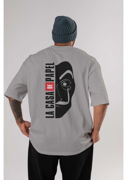 La Casa De Papel (3) Arka Baskılı Gri Oversize T-Shirt Bisiklet Yaka Pamuk Erkek Kadın