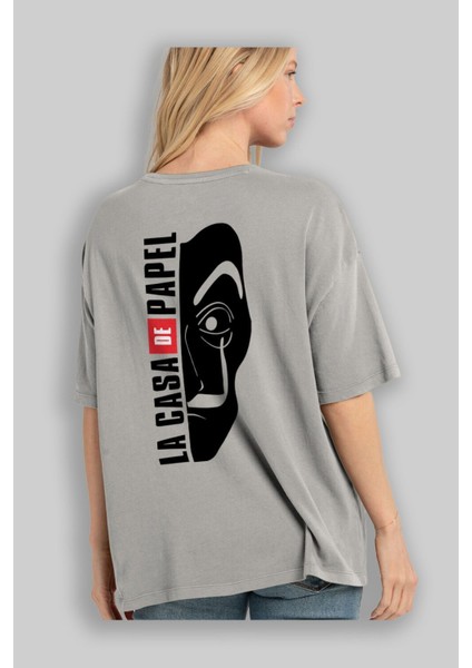 La Casa De Papel (3) Arka Baskılı Gri Oversize T-Shirt Bisiklet Yaka Pamuk Erkek Kadın modelleri