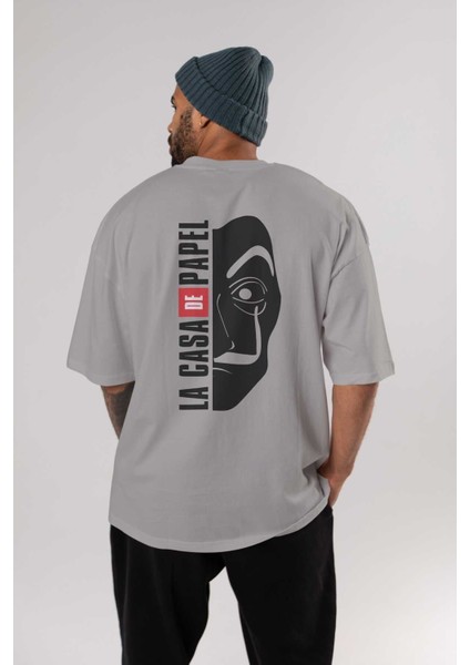 La Casa De Papel (3) Arka Baskılı Gri Oversize T-Shirt Bisiklet Yaka Pamuk Erkek Kadın fırsatları