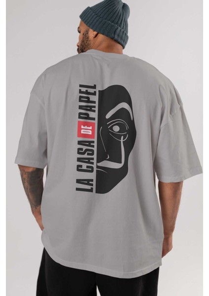 La Casa De Papel (3) Arka Baskılı Gri Oversize T-Shirt Bisiklet Yaka Pamuk Erkek Kadın indirimleri