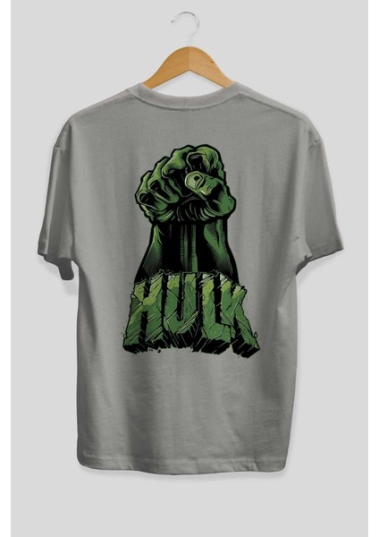 Hulk (1) Arka Baskılı Gri Oversize T-Shirt Bisiklet Yaka Pamuk Erkek Kadın fiyatları