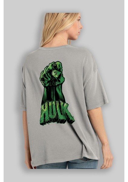 Hulk (1) Arka Baskılı Gri Oversize T-Shirt Bisiklet Yaka Pamuk Erkek Kadın modelleri