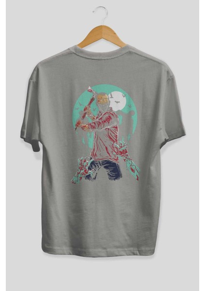 Zombie Killer Arka Baskılı Gri Oversize T-Shirt Unisex Erkek Kadın Bisiklet Yaka fiyatları