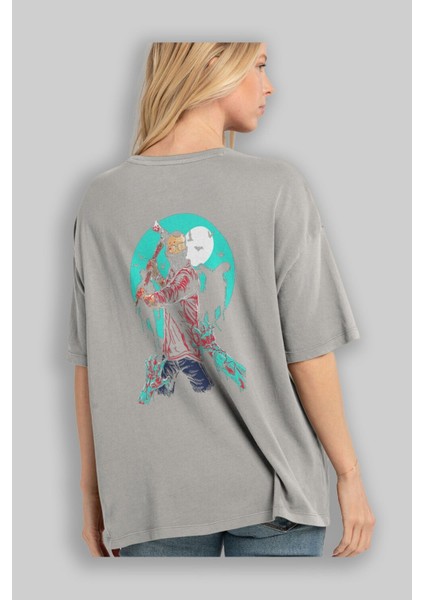 Zombie Killer Arka Baskılı Gri Oversize T-Shirt Unisex Erkek Kadın Bisiklet Yaka modelleri