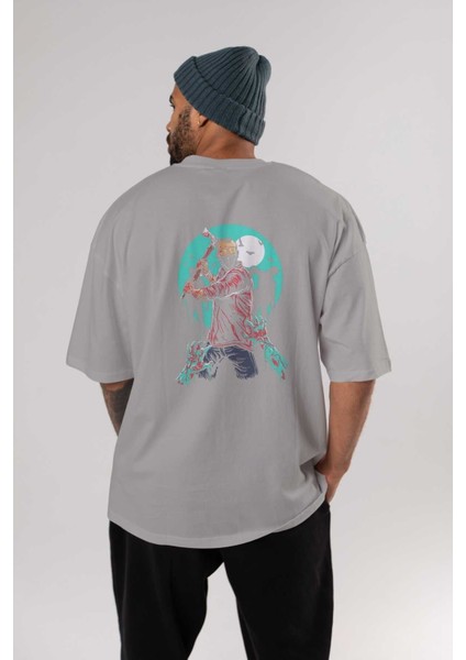 Zombie Killer Arka Baskılı Gri Oversize T-Shirt Unisex Erkek Kadın Bisiklet Yaka fırsatları