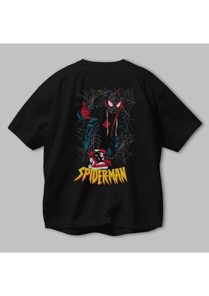 Spiderman (25) Arka Baskılı Siyah Oversize T-Shirt Bisiklet Yaka Pamuk Erkek Kadın modelleri