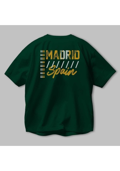 Madrid Arka Baskılı Zümrüt Yeşili Oversize T-Shirt Unisex Erkek Kadın Bisiklet Yaka modelleri