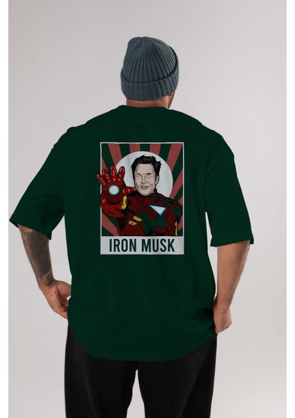 Elon Musk Iron Man Arka Baskılı Zümrüt Yeşili Oversize T-Shirt Unisex Erkek Kadın Bisiklet Yaka