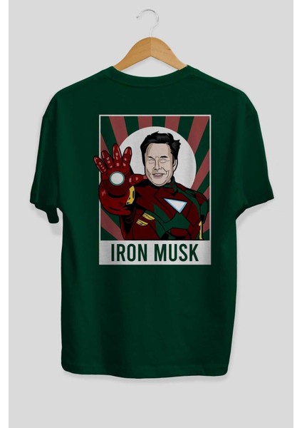 Elon Musk Iron Man Arka Baskılı Zümrüt Yeşili Oversize T-Shirt Unisex Erkek Kadın Bisiklet Yaka
