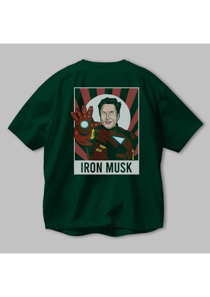 Elon Musk Iron Man Arka Baskılı Zümrüt Yeşili Oversize T-Shirt Unisex Erkek Kadın Bisiklet Yaka