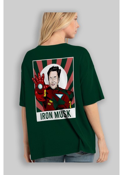 Elon Musk Iron Man Arka Baskılı Zümrüt Yeşili Oversize T-Shirt Unisex Erkek Kadın Bisiklet Yaka