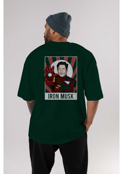 Elon Musk Iron Man Arka Baskılı Zümrüt Yeşili Oversize T-Shirt Unisex Erkek Kadın Bisiklet Yaka