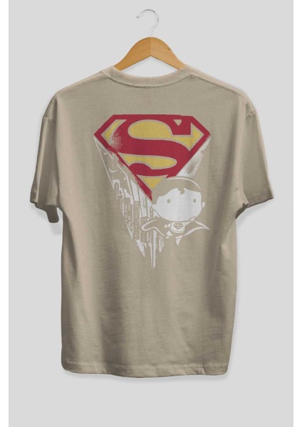 Superman Arka Baskılı Bej Oversize T-Shirt Bisiklet Yaka Pamuk Erkek Kadın fiyatları