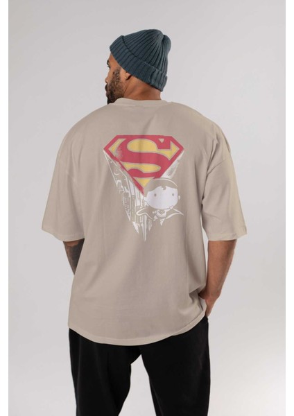 Superman Arka Baskılı Bej Oversize T-Shirt Bisiklet Yaka Pamuk Erkek Kadın fırsatları